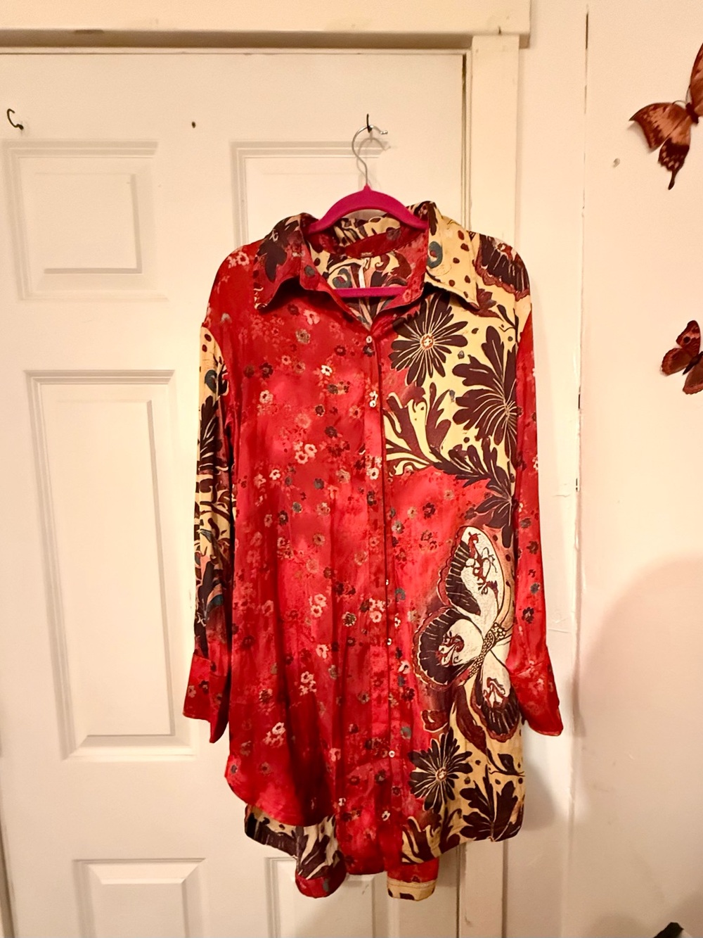 Free People Red Floral Butterfly Button-Up Tunic Dress NWOT